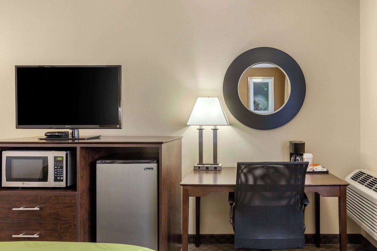 A hotel room with a bed, a desk with a chair, a TV, a microwave, a refrigerator, a lamp, and a mirror.