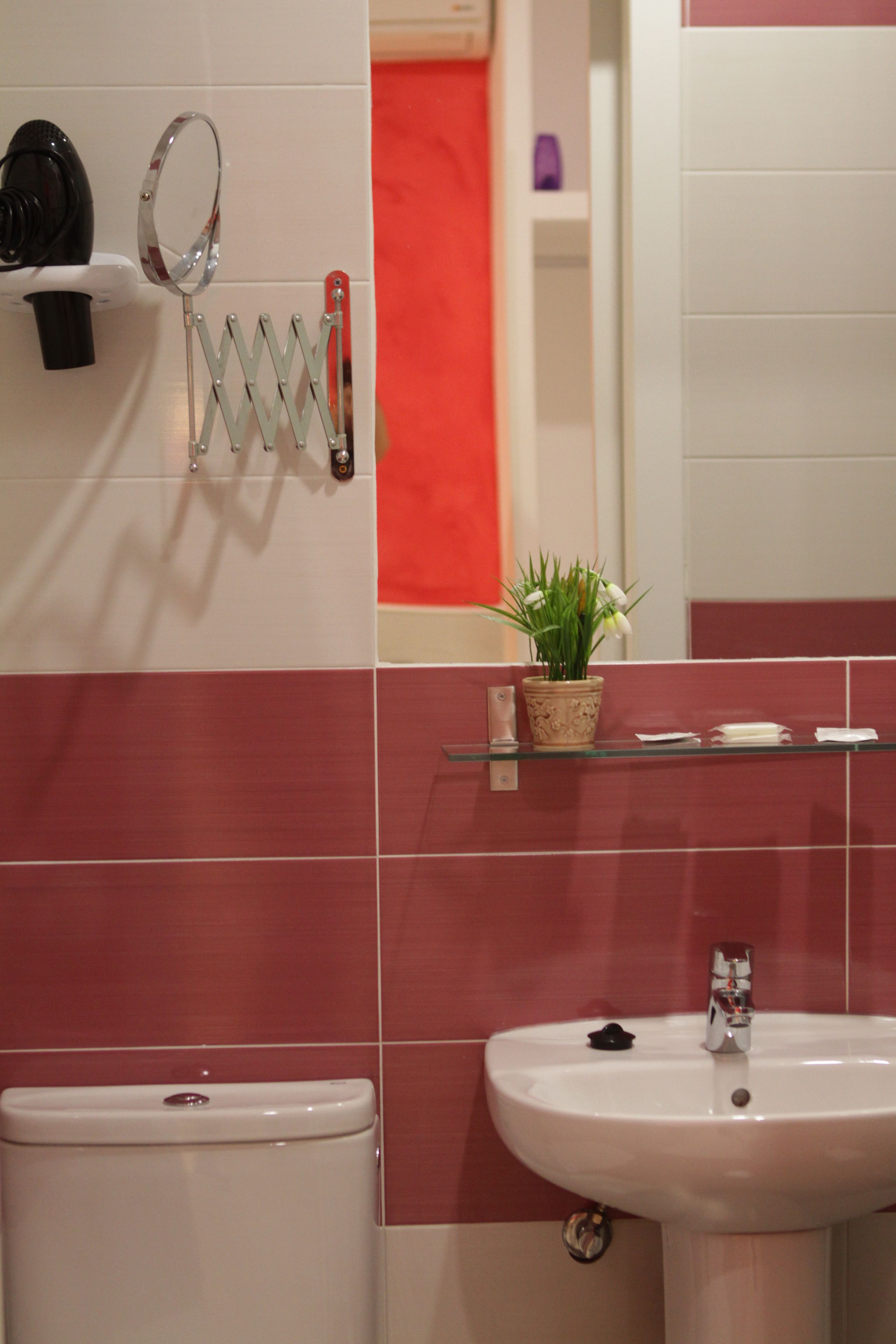 Een badkamer met een wit wastafelmeubel, toilet en spiegel. Op het aanrecht staat een potplant.