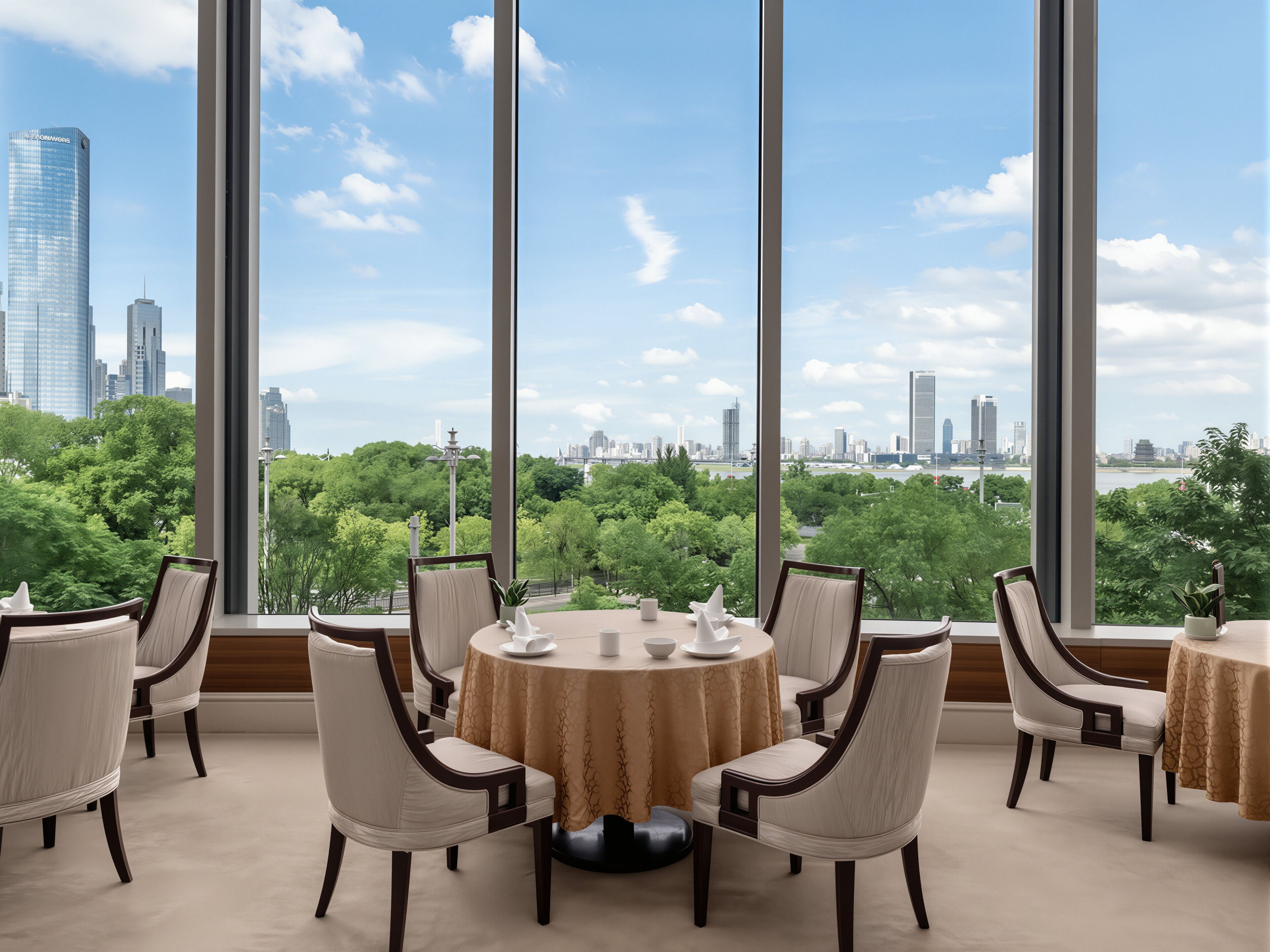 Un comedor con vistas a la ciudad, amplias ventanas y mobiliario moderno.