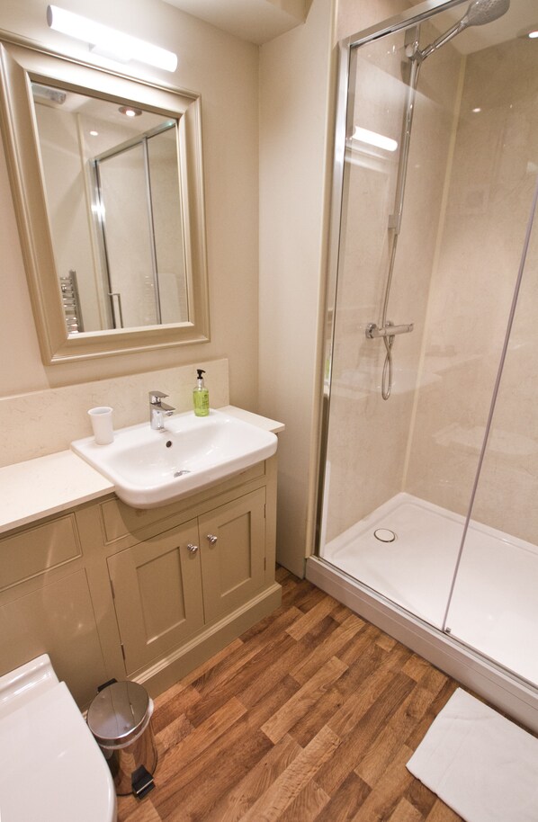 A bathroom with a white sink, mirror, and shower. - The Chapter House (Salisbury)