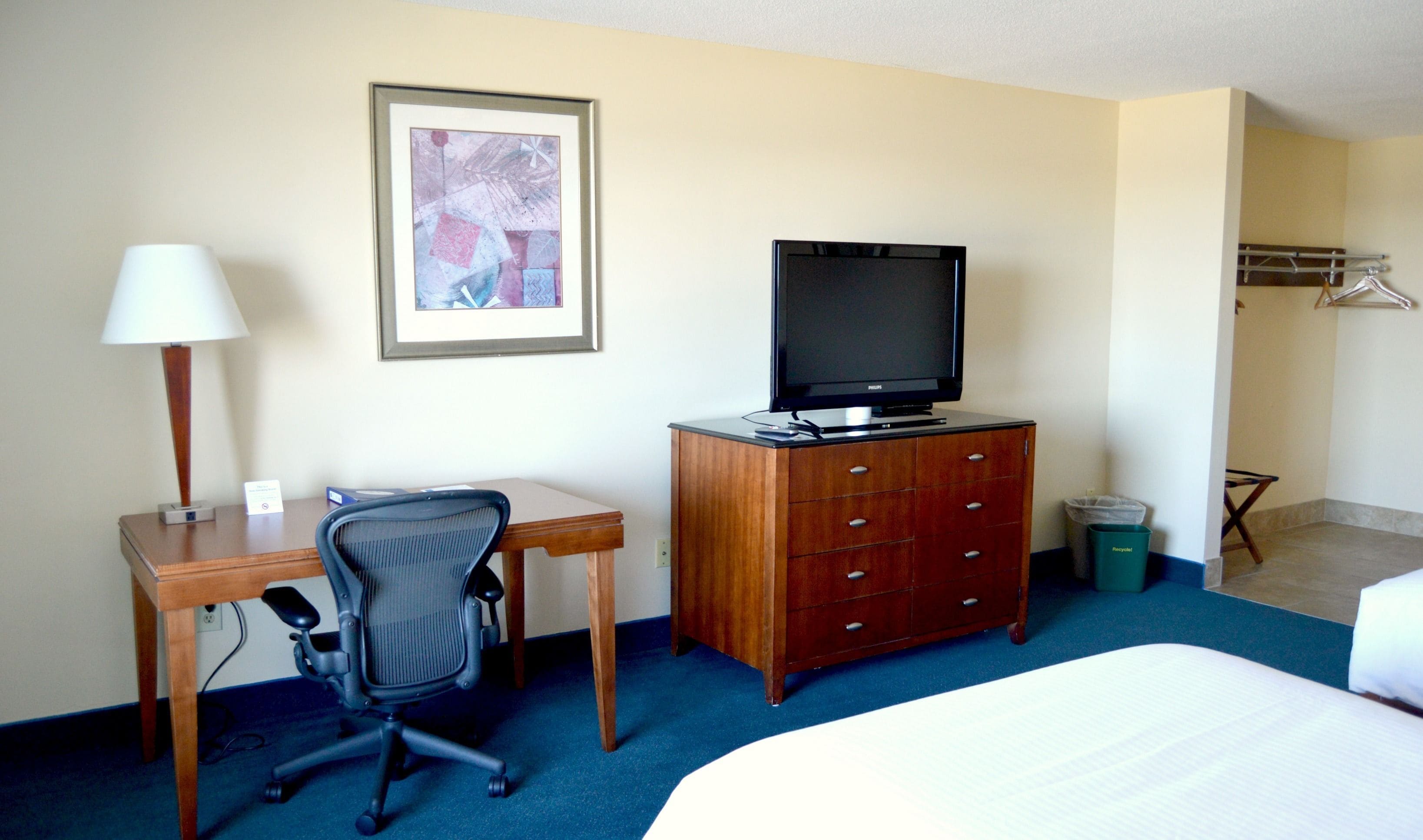 A hotel room with a bed, a desk with a chair, a television on a wooden dresser, a framed picture on the wall, and a trash bin.