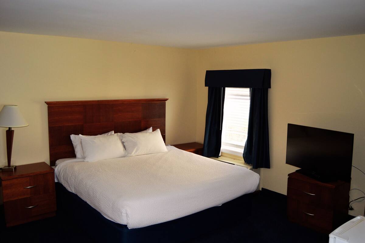 Une chambre d’hôtel avec un grand lit, une télévision, une table de chevet et une lampe.