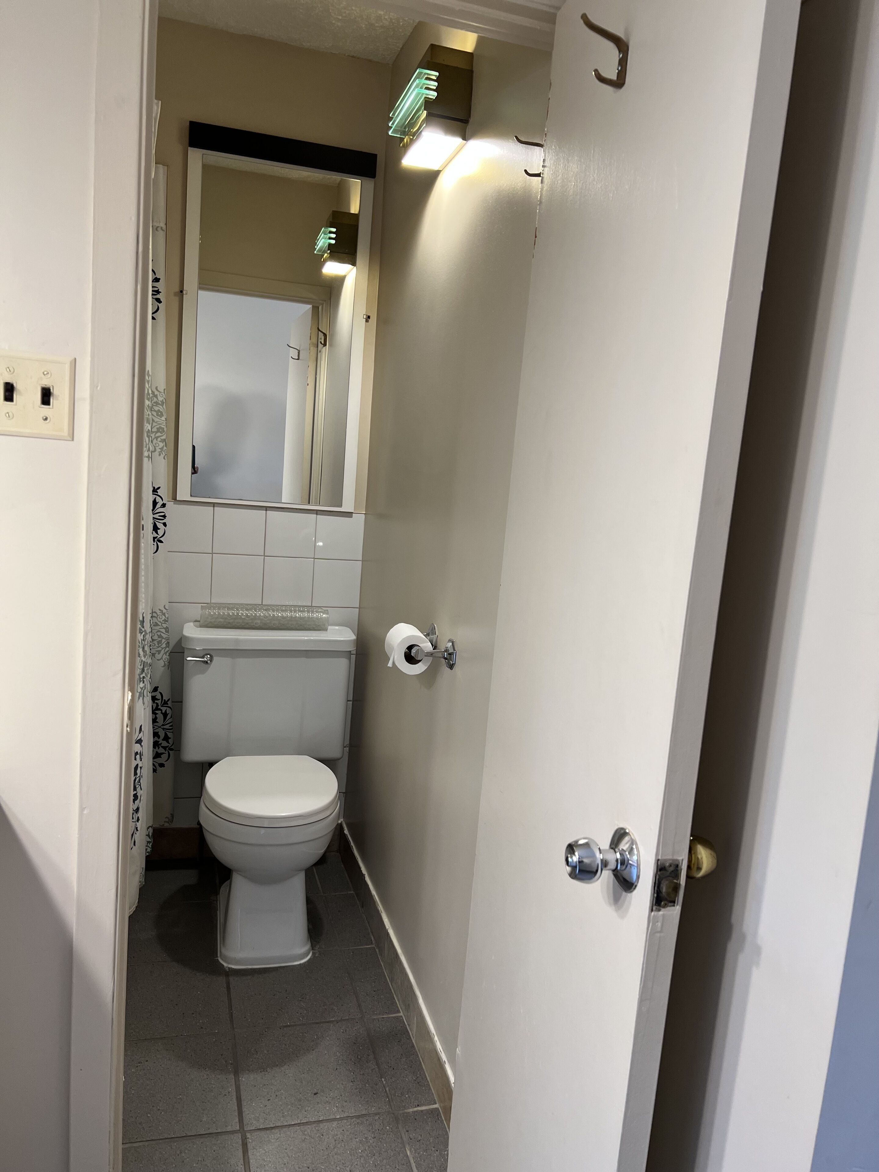 Ett litet, smalt badrum med en toalett, en spegel och en lampa monterad ovanför spegeln.