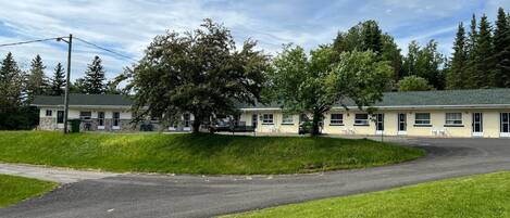 Een motel met een rij kamers, een grote boom ervoor en een gazon.
