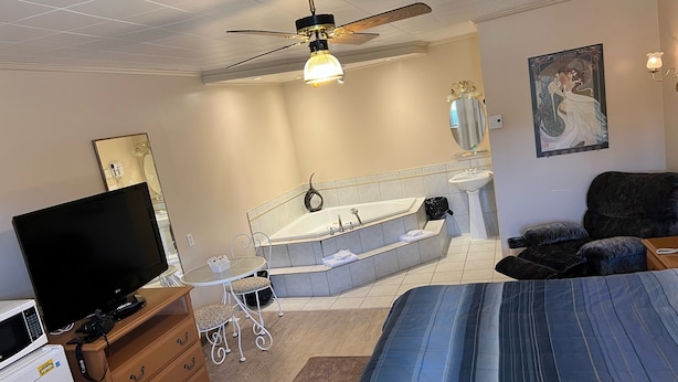 Un dormitorio con cama, televisor, escritorio, cómoda, silla, ventilador de techo, bañera y un cuadro en la pared.