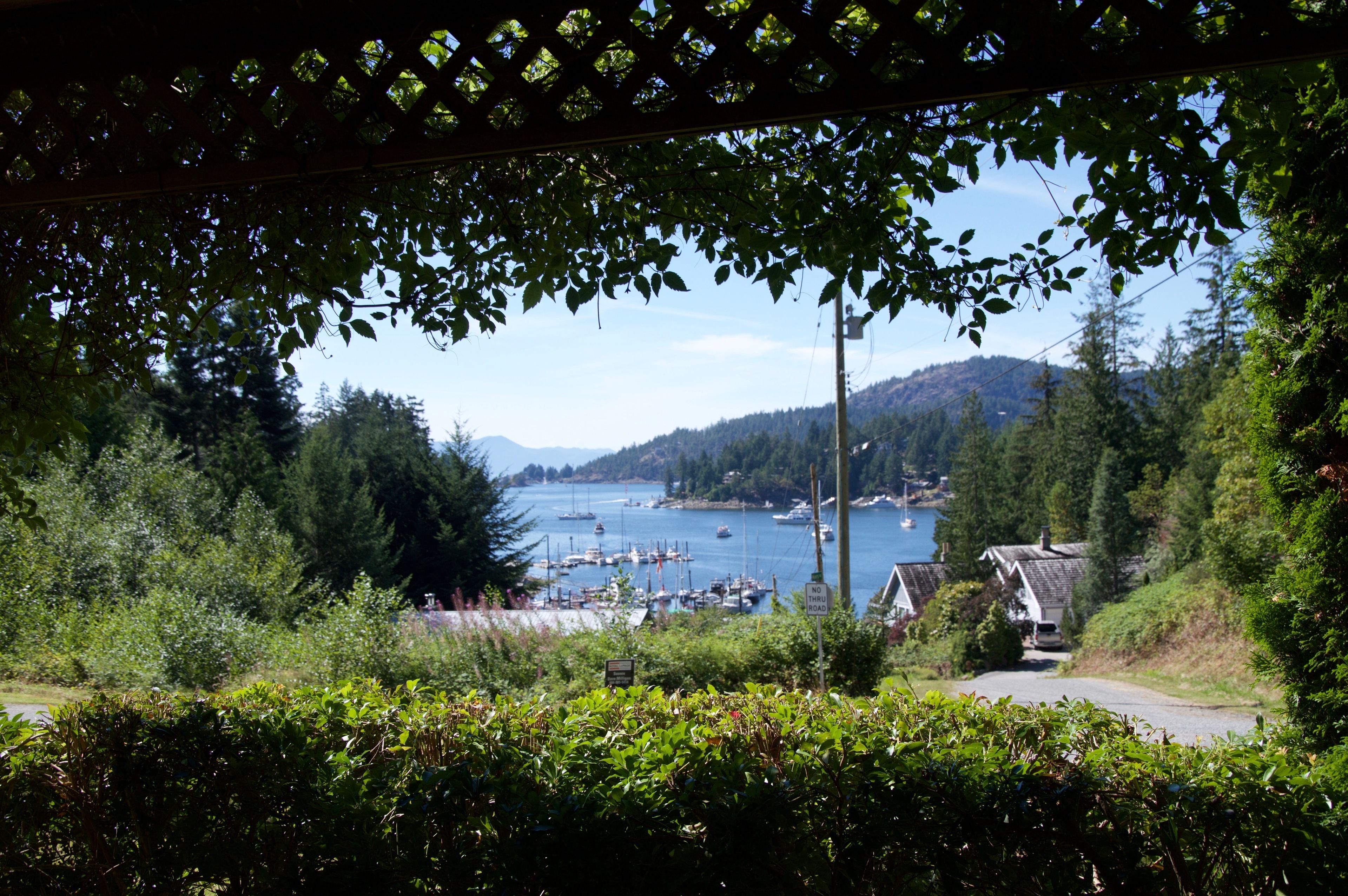 A coastal view with boats, greenery, and a road leading to a house.