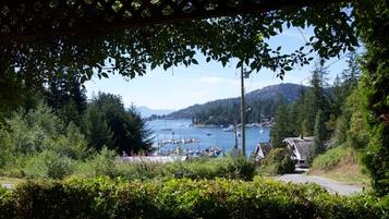 A coastal view with boats, greenery, and a road leading to a house.