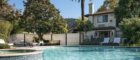 A clear swimming pool with lounge chairs and a palm tree.