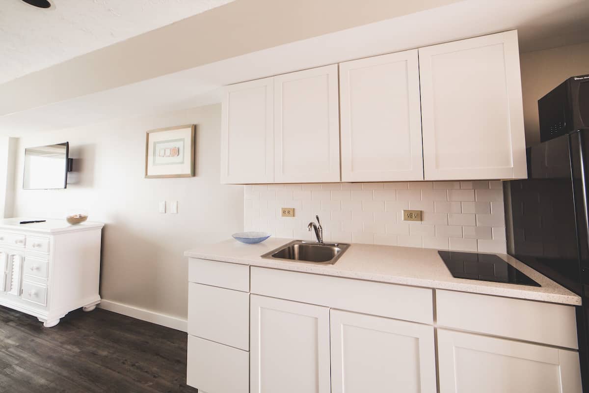 standard oceanview room, 1 king bed with sofa bed | private kitchenette | full-sized fridge, microwave, stovetop, coffee/tea maker