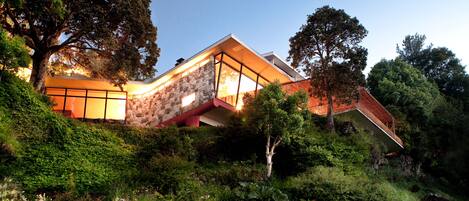 Een modern huis met een stenen gevel, grote ramen en een schuin dak, omgeven door weelderige begroeiing.