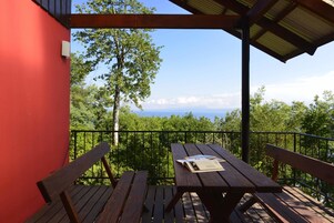 Um deck de madeira com mesa de piquenique e bancos, com vista para uma área arborizada e montanhas ao longe.