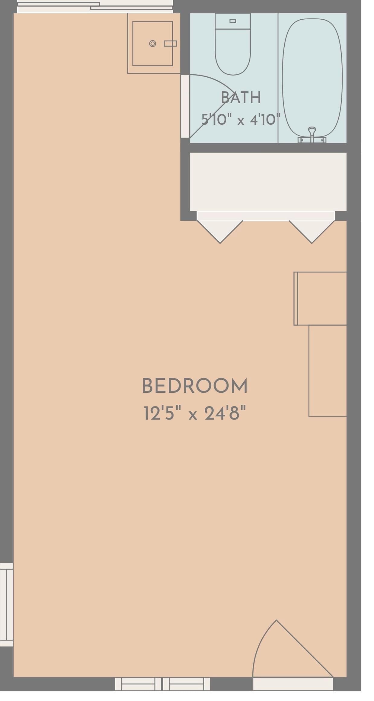A bedroom layout with dimensions 12'5' x 24'8' and a bathroom with dimensions 5'10' x 4'10'.