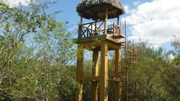 Una torre de madera con techo de paja, rodeada de árboles y suelo de tierra.