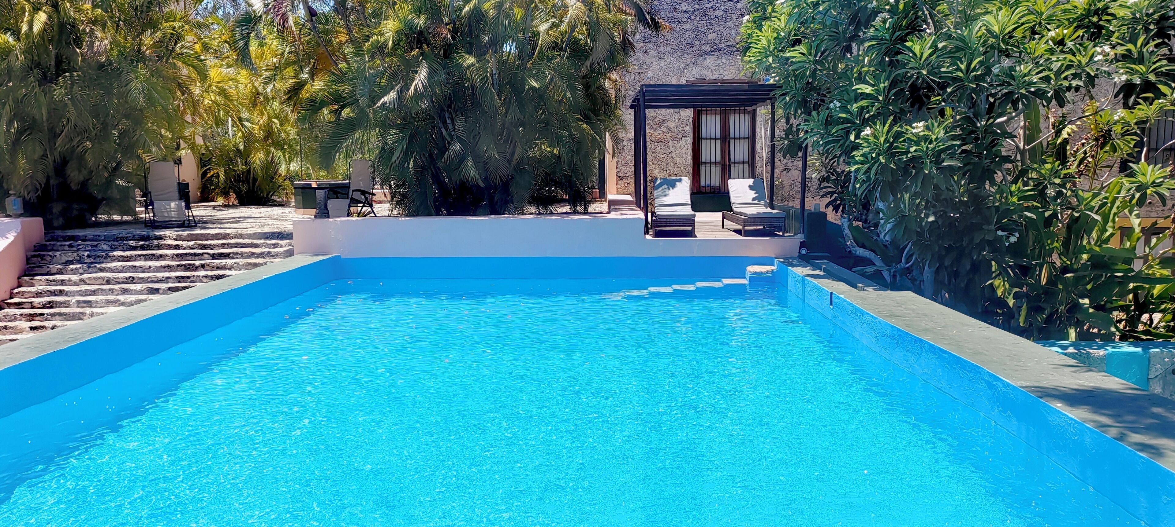 室外游泳池，提供日光浴躺椅