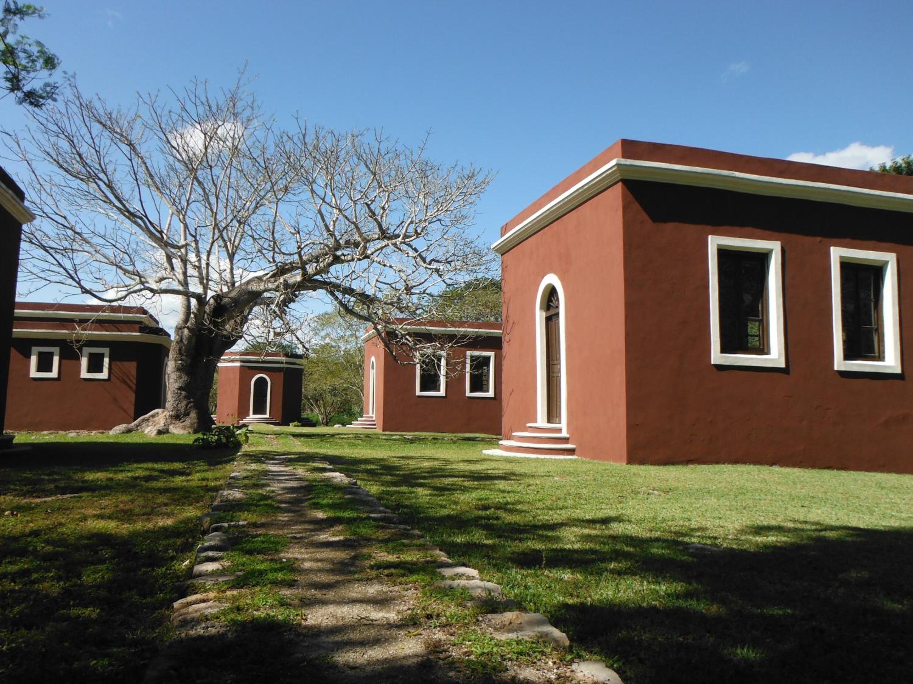 A pathway leading to a row of red buildings with white trim, surrounded by grass and a large tree.