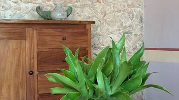 Um armário de madeira encostado a uma parede de pedra, um vaso com planta de folhas verdes e um quadro na parede.