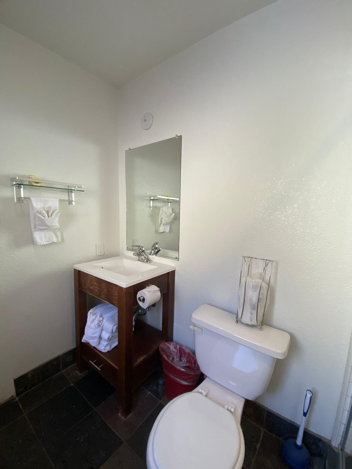 Un bagno piccolo con lavandino bianco, specchio e water. Sopra il lavandino c'è un appendi-asciugamani e accanto al water un cestino.