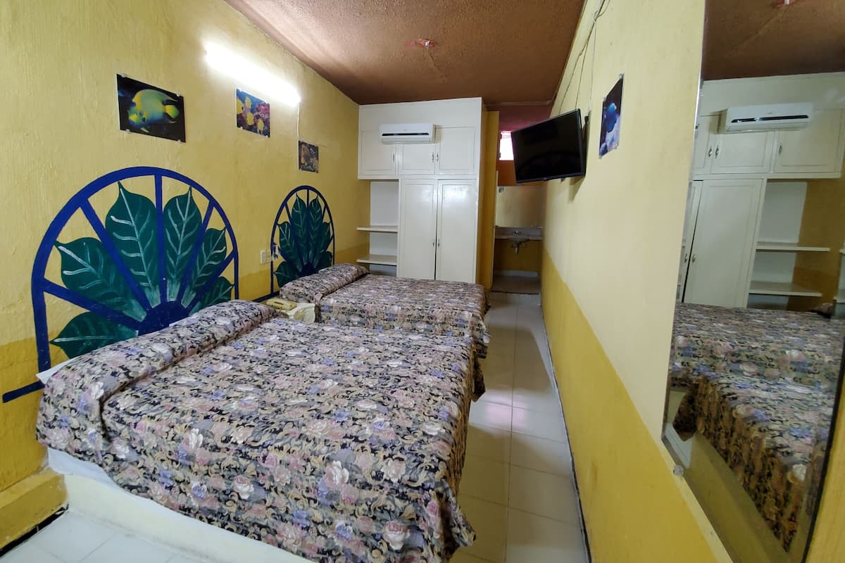 A bedroom with two beds, a wardrobe, an air conditioning unit, and a television.