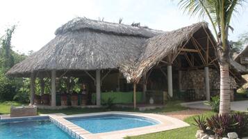 Alberca al aire libre, acceso de 10:00 a 21:30, y camastros