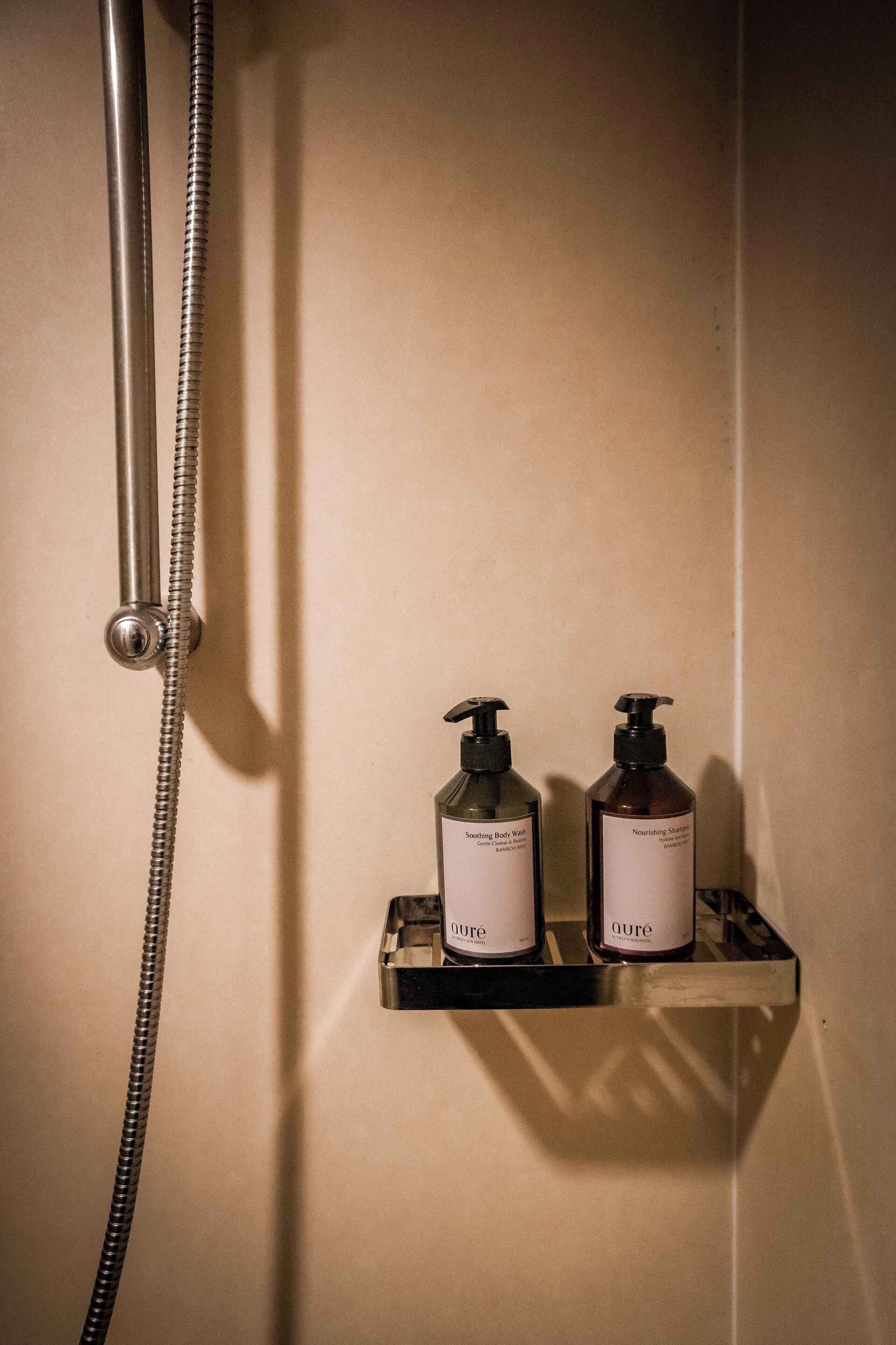 A shower area with a handheld showerhead and two bottles of body wash and shampoo on a shelf.
