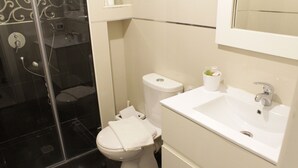 A modern bathroom with a glass-enclosed shower, a white toilet, and a sink with a mirror above it. - Ben Yehuda Apartments Jerusalem (Jerusalem)