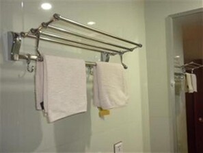 Shower, free toiletries, hair dryer, towels