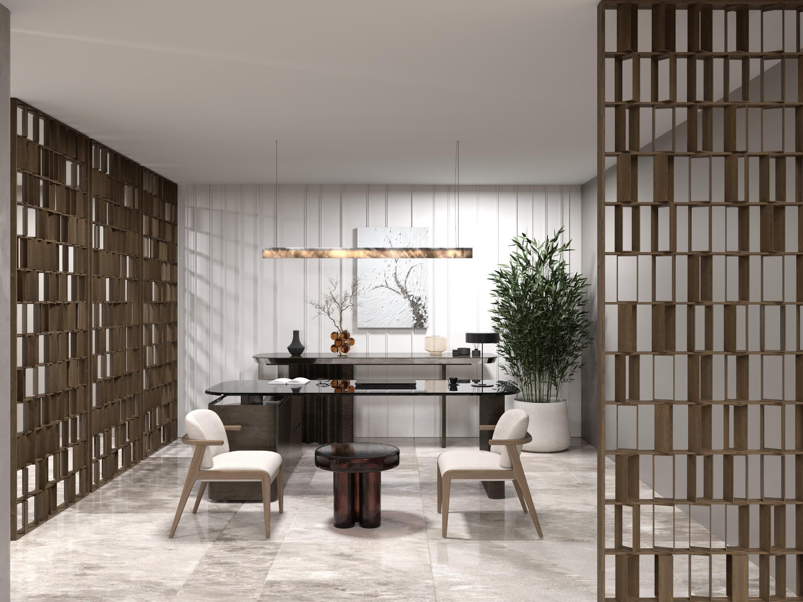 A modern kitchen with a central island, white cabinetry, and a large potted plant.