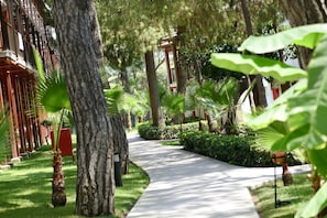 Stroll through lush gardens to a classic building, offering a peaceful retreat.