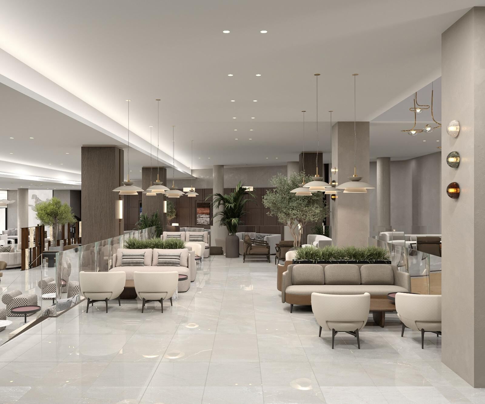 A spacious lobby with modern furniture, a glass railing, and multiple hanging pendant lights.