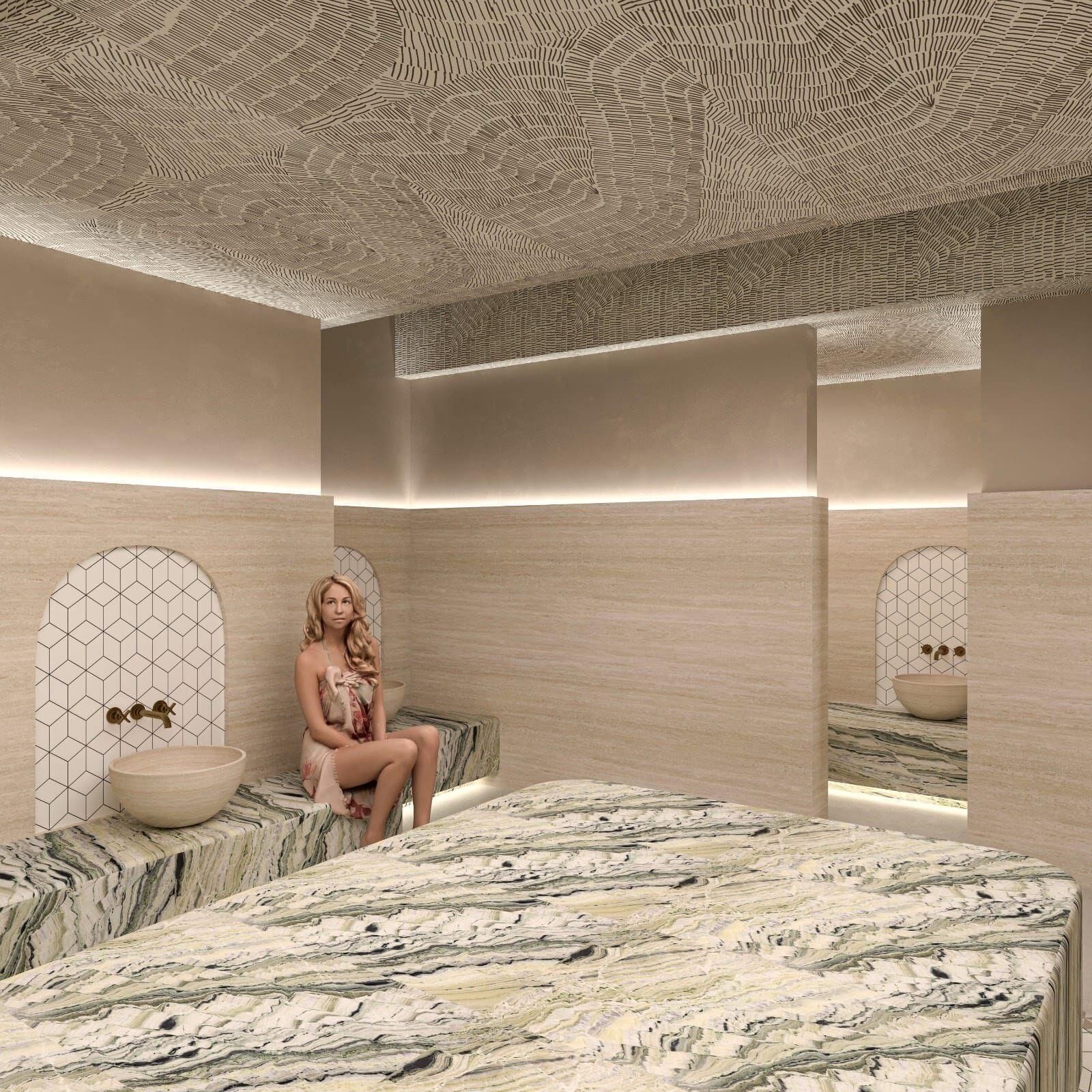 A modern bathroom with a marble vanity, a large mirror, and a geometric-patterned wall.