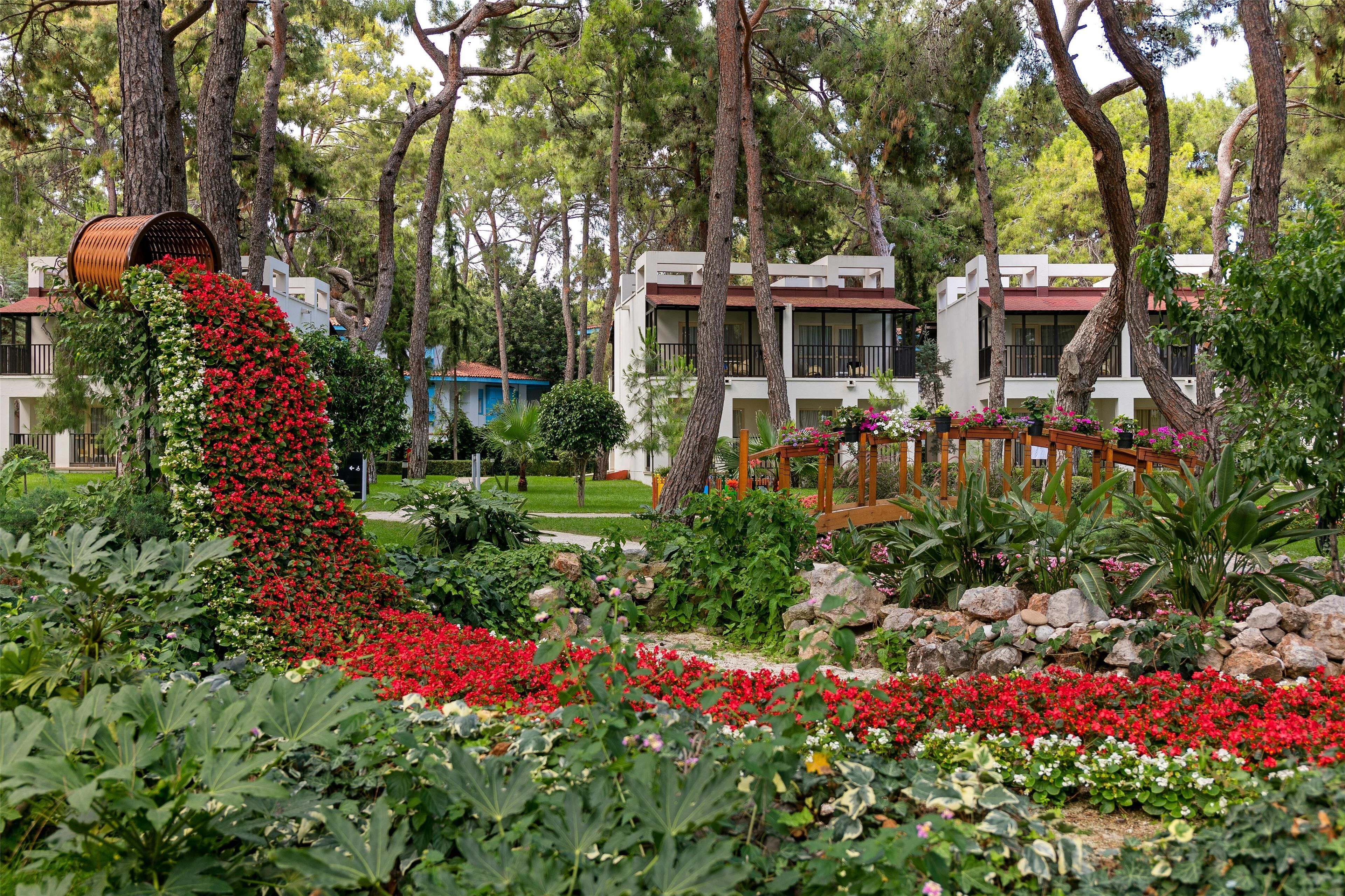 A garden with a variety of plants and flowers, a wooden bench, and a building with multiple windows and balconies.