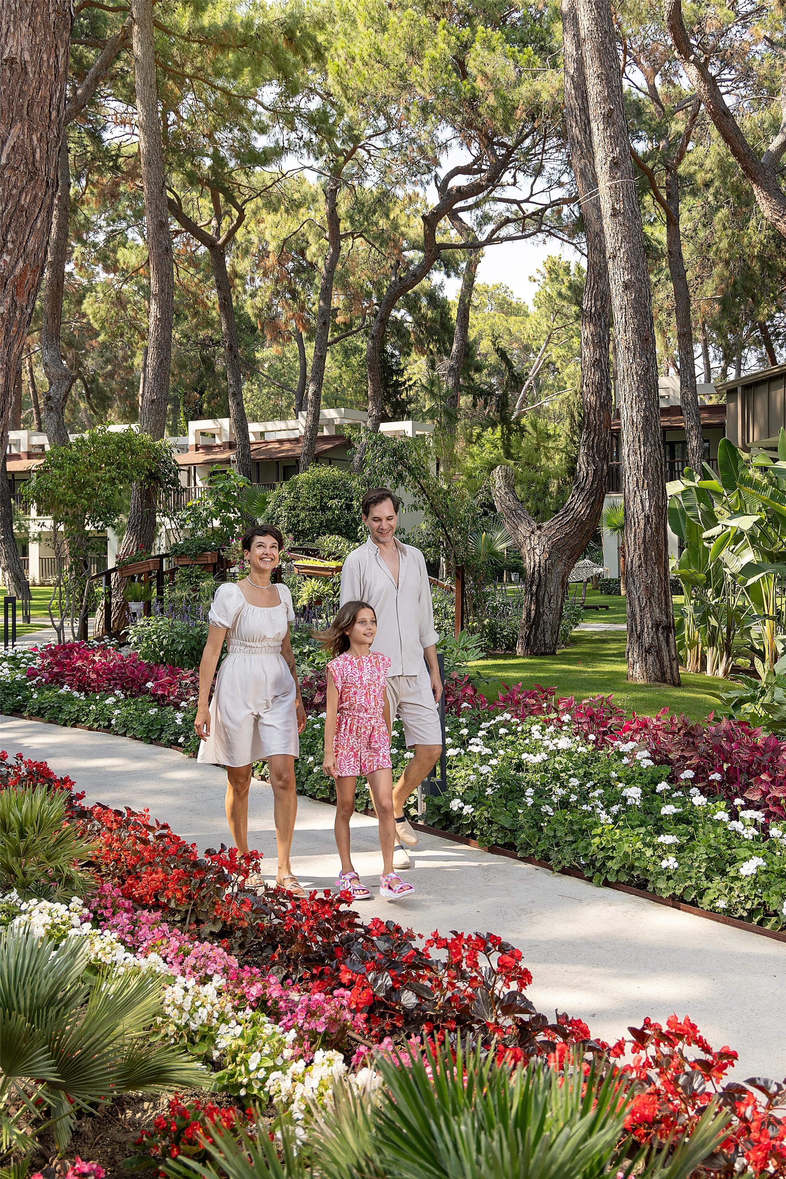 A pathway lined with colorful flowers and trees, leading to a building with a modern design.