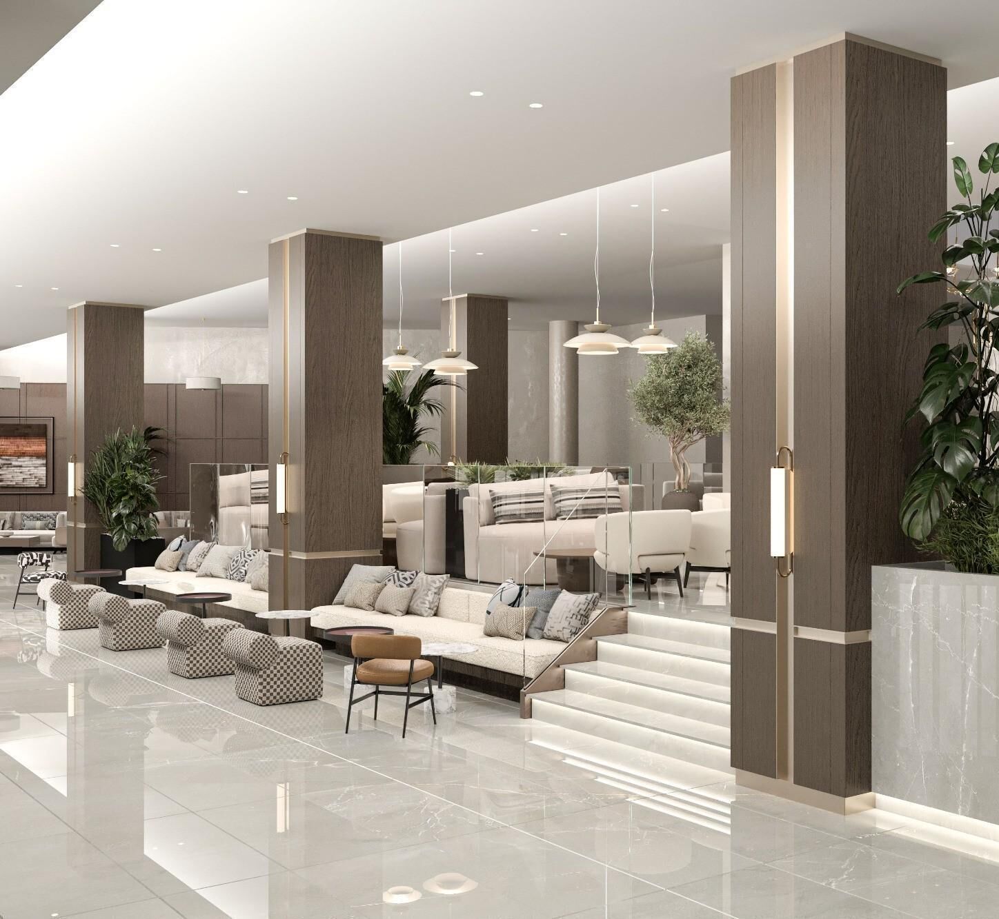 Um hall amplo com design moderno, com área de estar com sofás e poltronas, uma escada e um espelho grande que reflete o espaço.