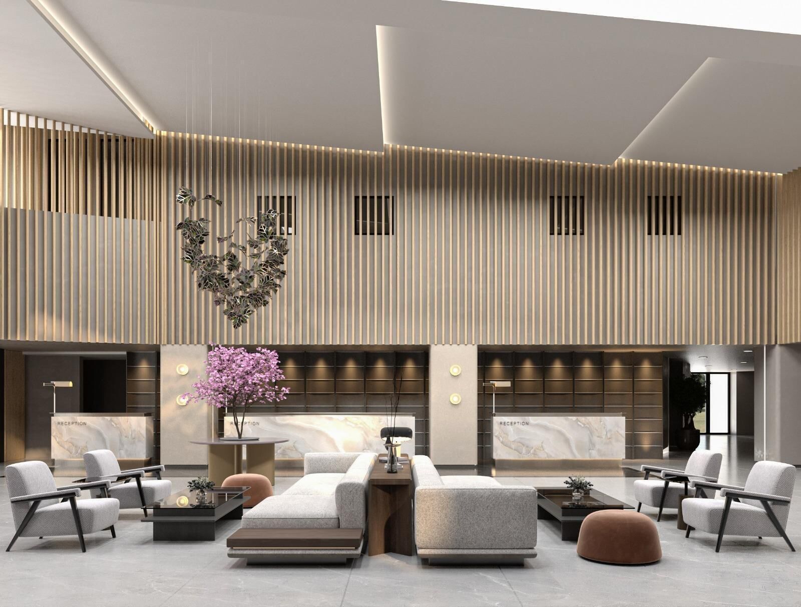 A modern reception area with a reception desk, seating area, and decorative plants.