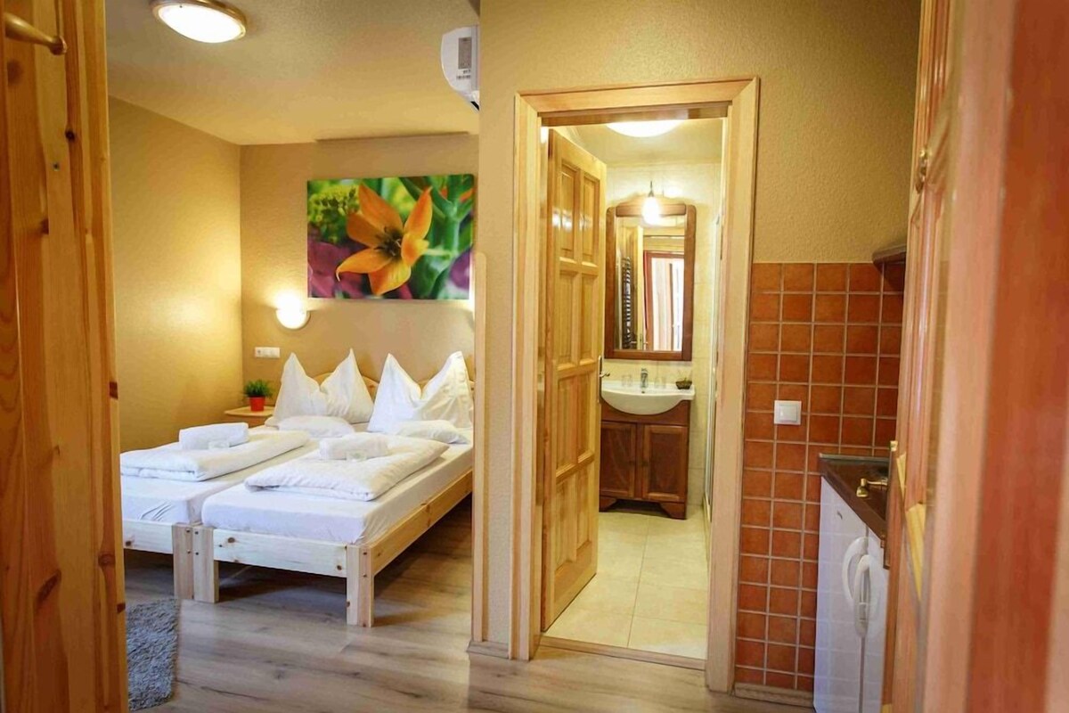 Una stanza con un letto, un bagno con un lavandino e uno specchio.