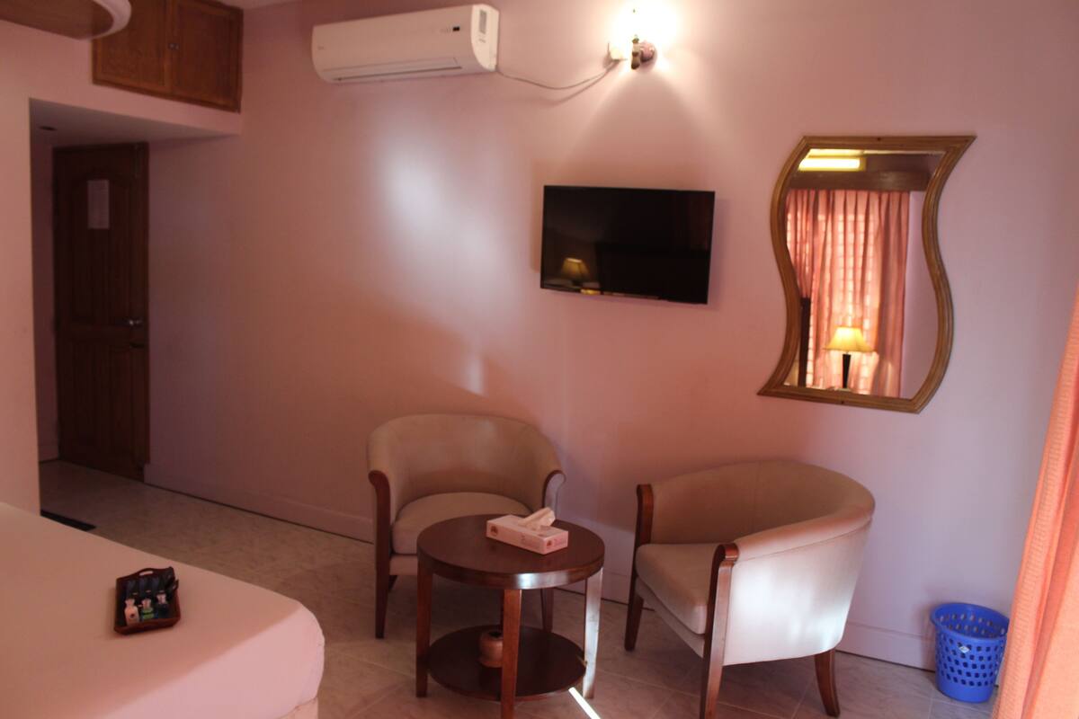A hotel room with a bed, two armchairs, a small table, a TV, an air conditioner, and a mirror.