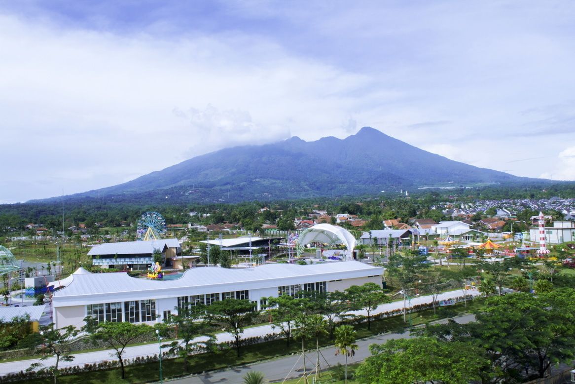 A resort with a large building, a Ferris wheel, and a mountain in the background.