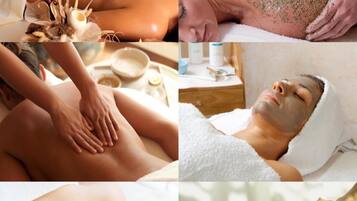 A spa setting with a massage table, a person receiving a back massage, and various spa treatments being administered.
