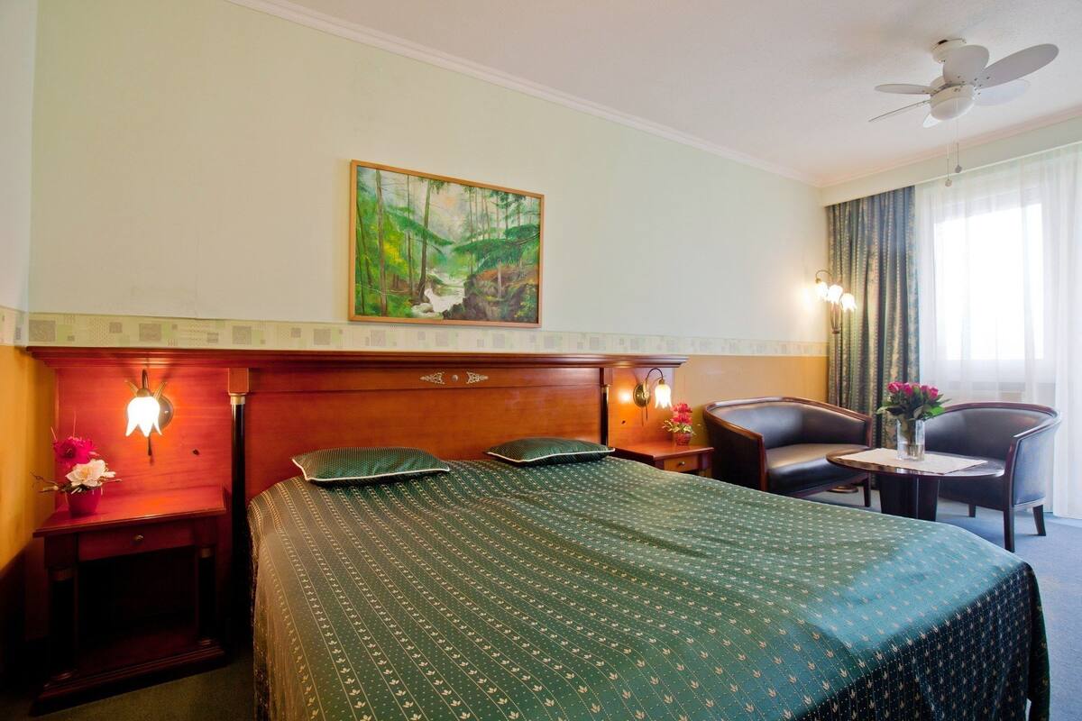 Une chambre d’hôtel avec un lit, un bureau, une chaise, un tableau et un ventilateur de plafond.