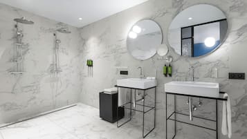 A modern bathroom with a shower, two sinks, and a mirror.