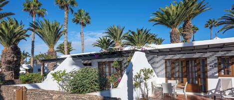 A modern villa with a stone wall entrance, a patio with outdoor furniture, and palm trees in the background.