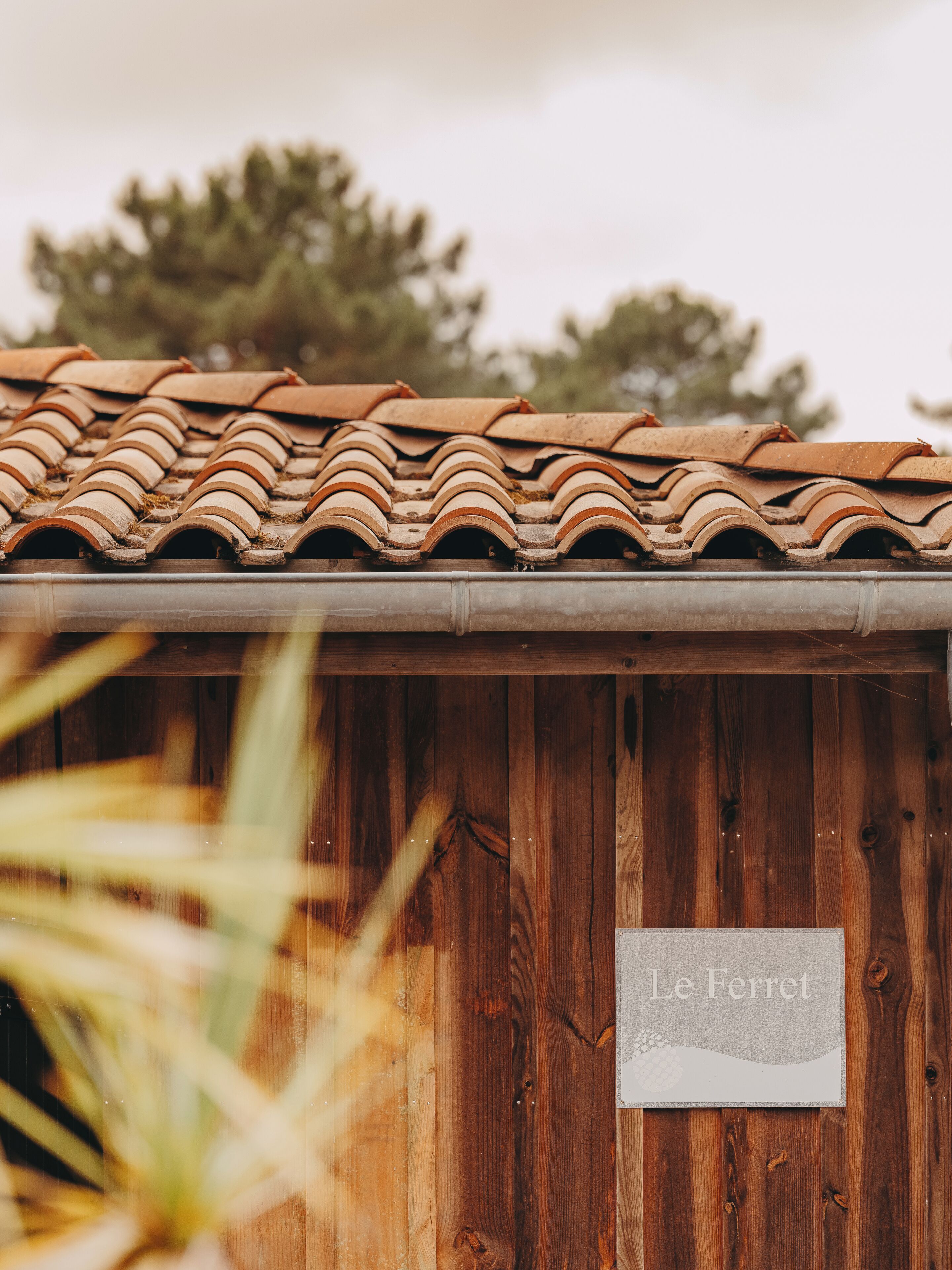 A wooden building with a tiled roof and a sign that reads 'Le Ferret.'