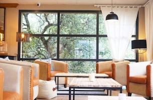 Un rincón acogedor con sofás de cuero y una mesa de centro de madera, ventanas amplias con vistas a árboles, y una lámpara colgante.