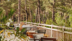 Un espace extérieur aménagé avec des meubles en bois et une rambarde en bois, entouré d’arbres.