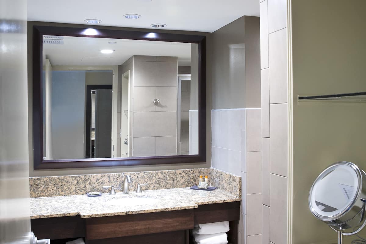 combined shower/bathtub, hair dryer, towels