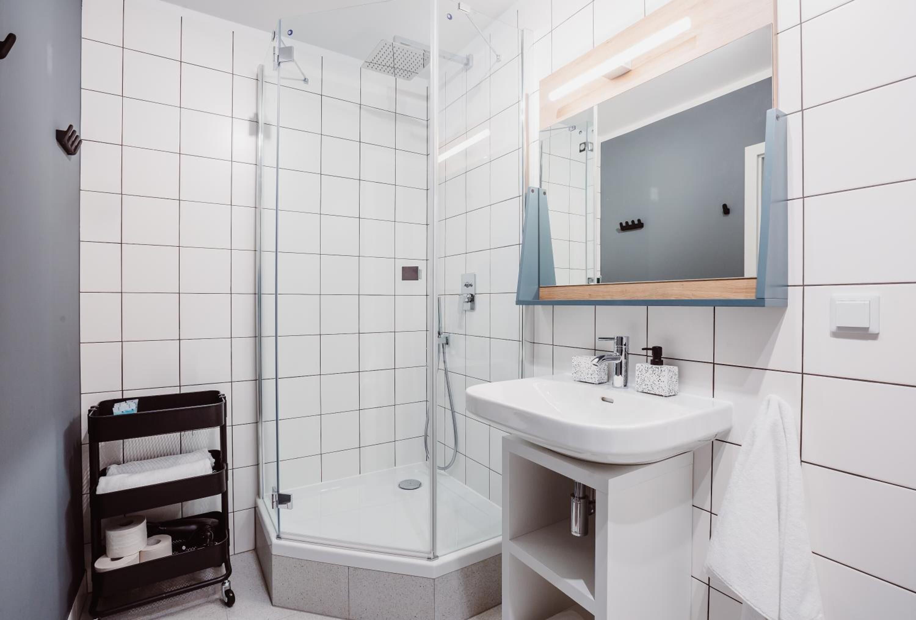 Shower, free toiletries, hair dryer, towels