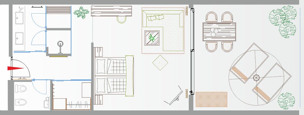 A hotel layout with multiple rooms, a gym, a pool area, and a dining area.