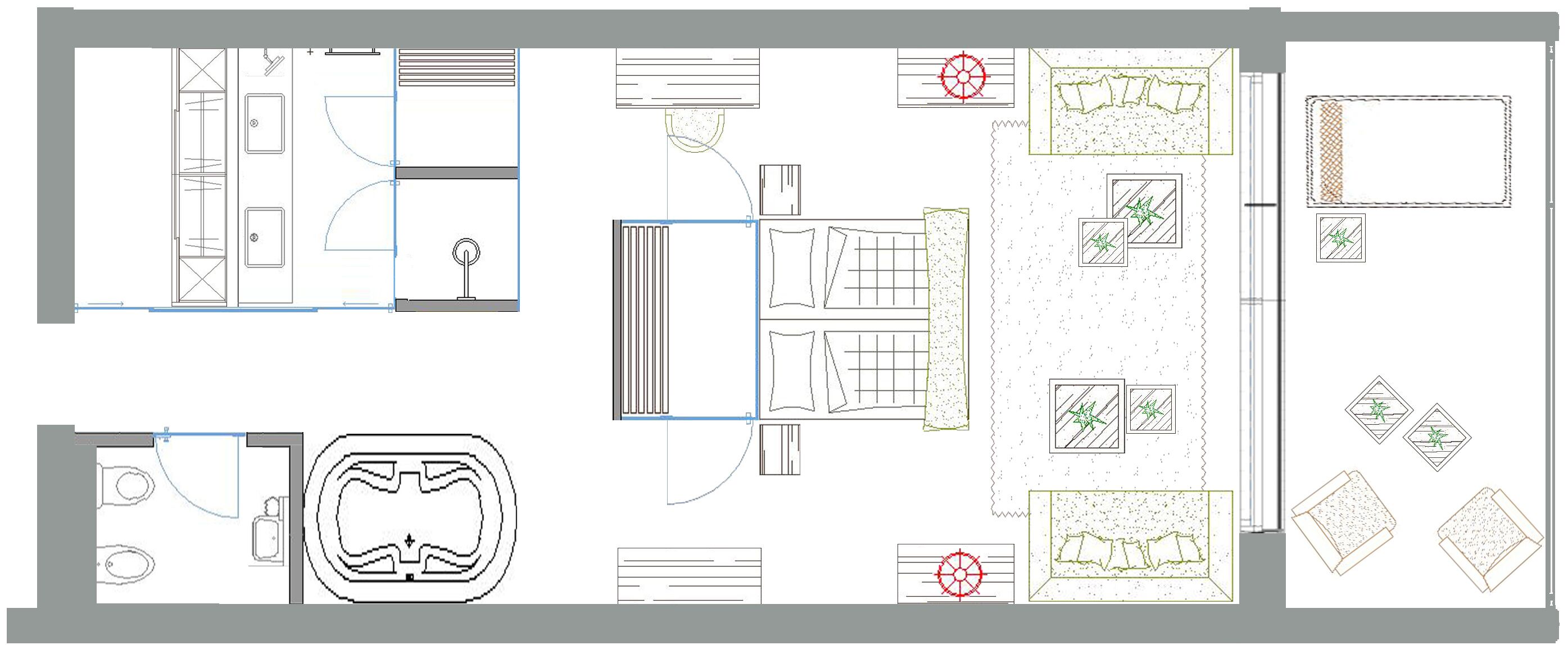 Plano de planta de un hotel con varias habitaciones, un pasillo central y un comedor.