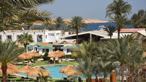 Um resort com piscina, palmeiras e vista para o mar.