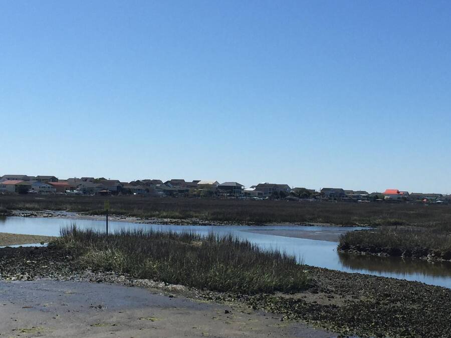 Zona costera con una masa de agua y casas al fondo.